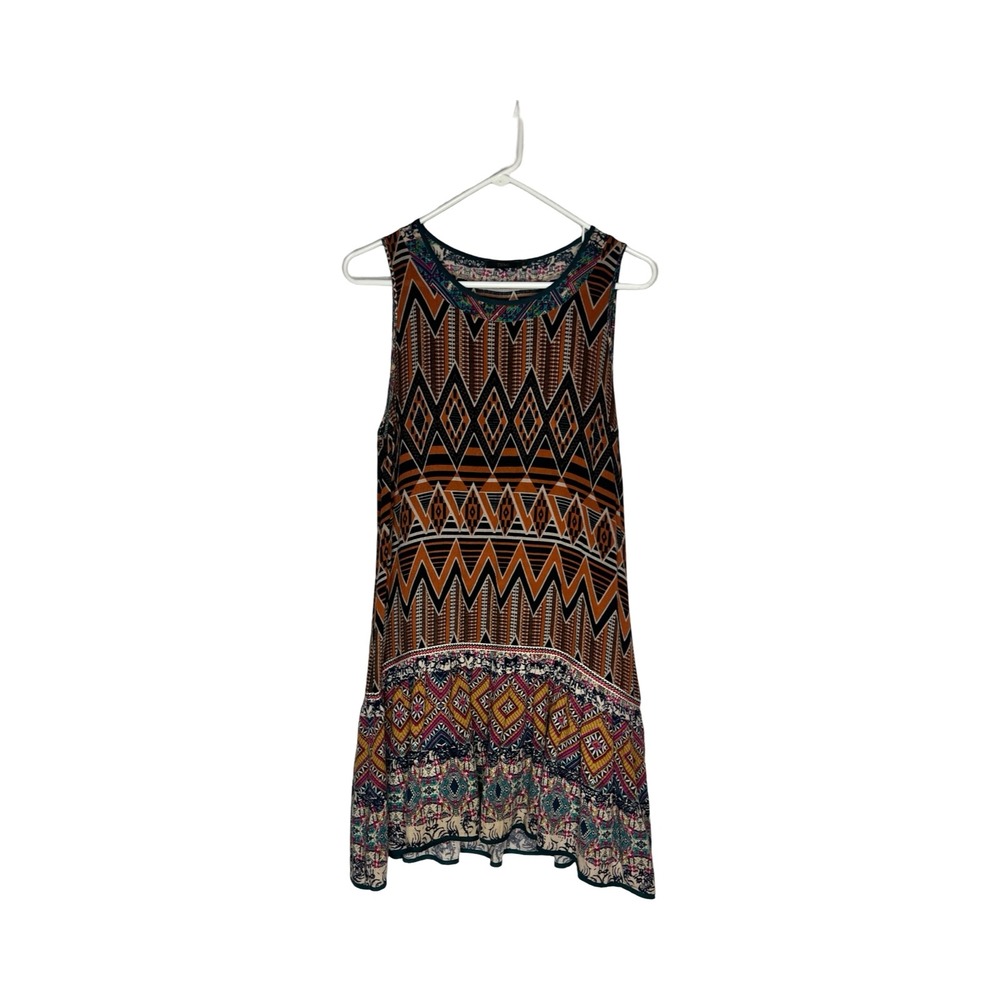 THML Womens Geometric Tribal Print Sleeveless Ruffle‎ Midi Dress S Boho Chic